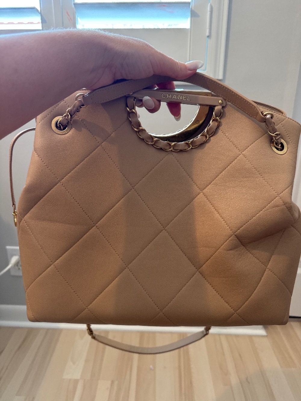 Chanel "A Real Catch" Large Shopping Tote Beige Quilted Caviar Leather Gold Hard